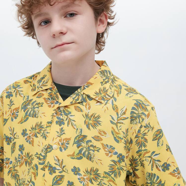 Uniqlo Viscose Printed Open Collar Kratke Sleeved Kosele Detske Žlté | REMJAC-879