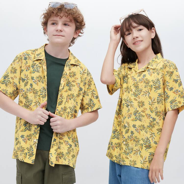 Uniqlo Viscose Printed Open Collar Kratke Sleeved Kosele Detske Žlté | REMJAC-879