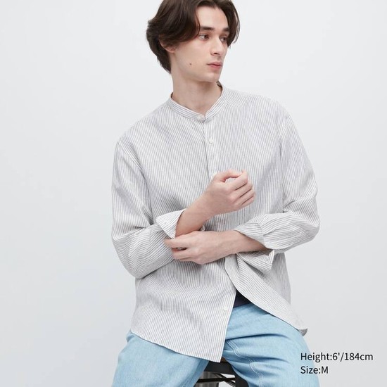 Uniqlo 100% Premium Linen Pruhované Regular Fit (Grandad Collar) Kosele Panske Modre | IAPJSM-680