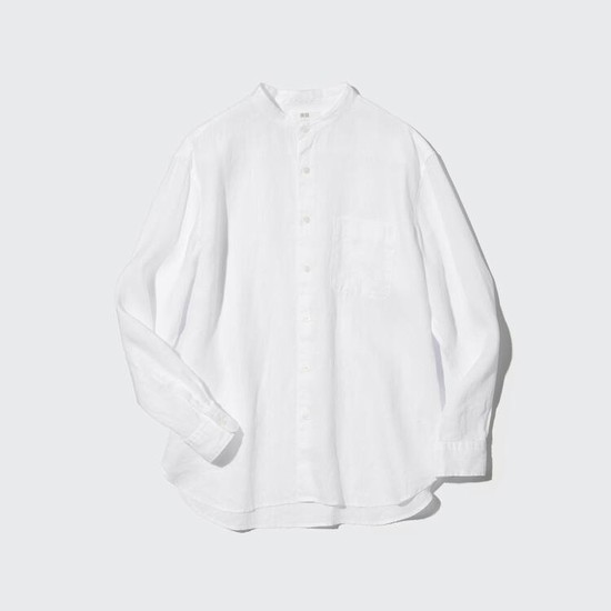 Uniqlo 100% Premium Linen Regular Fit (Grandad Collar) Kosele Panske Biele | IQEARB-276