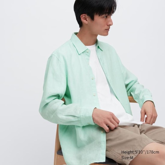 Uniqlo 100% Premium Linen Regular Fit (Regular Collar) Kosele Panske Svetlo Zelene | WYBHRJ-326