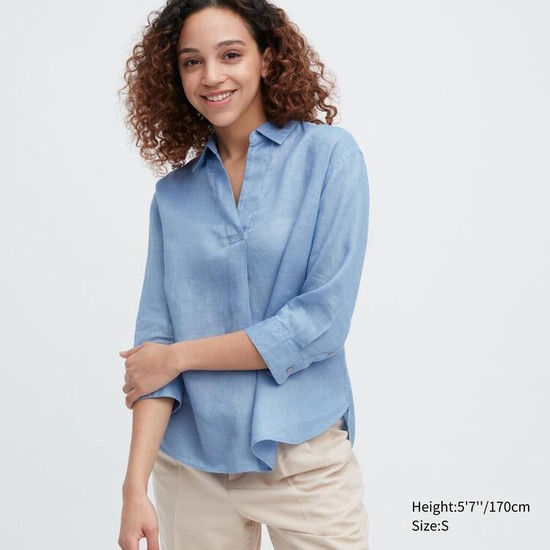 Uniqlo 100% Premium Linen Skipper Collar 3/4 Sleeved Kosele Damske Modre | YXEURP-348