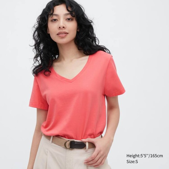 Uniqlo 100% Supima Bavlnene V Neck Kratke Sleeved Tricko Damske Ruzove | AECXJO-295