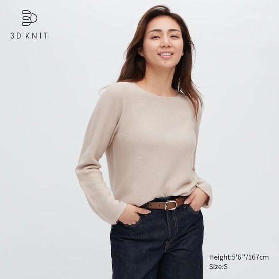 Uniqlo 3d Knit Seamless Bavlnene Crew Neck Pleteniny Damske Béžové | DXWSHM-603