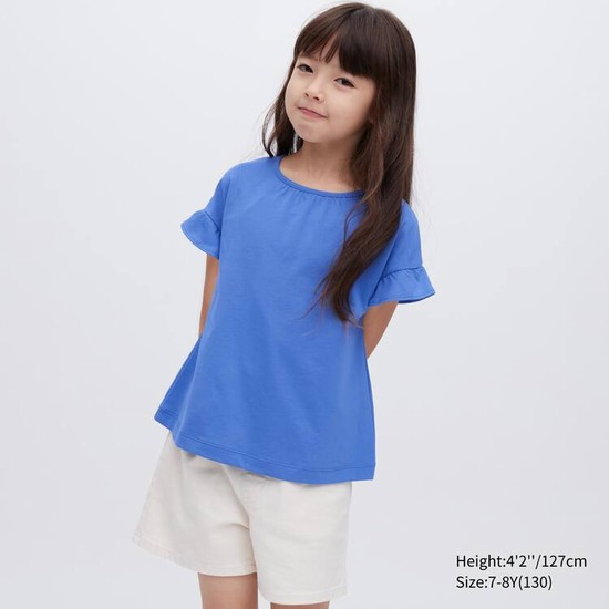 Uniqlo Airism Bavlnene Frill Sleeved Tricko Detske Modre | PDITYU-906