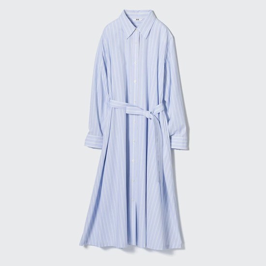 Uniqlo Bavlnene A-line Pruhované Long Sleeved Saty Damske Modre | MQVPKW-672