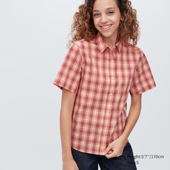 Uniqlo Bavlnene Checked Kratke Sleeved Kosele Damske Ruzove | DFERHS-507