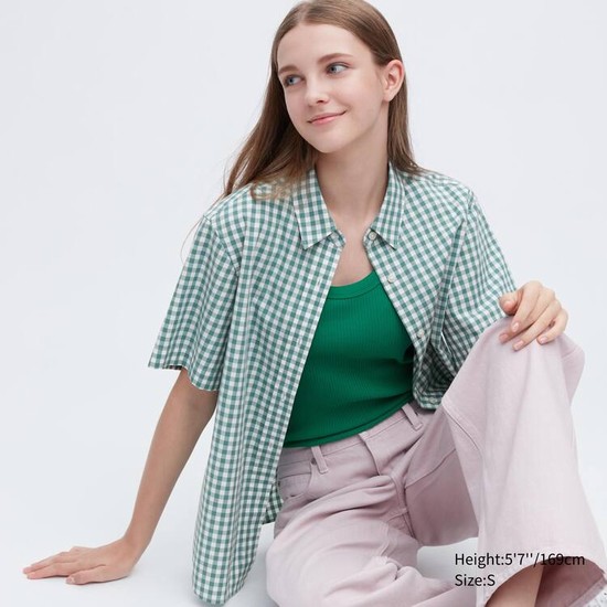 Uniqlo Bavlnene Checked Kratke Sleeved Kosele Damske Zelene | GXJNCE-164