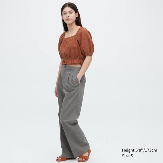 Uniqlo Bavlnene Embroidered Square Neck Kratke Sleeved Blúzky Damske Hnede | OGEHKX-307