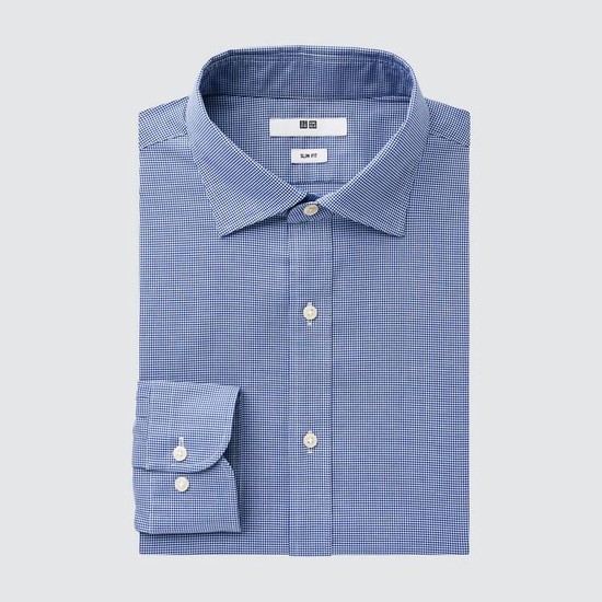 Uniqlo Easy Care Stretch Slim Fit Checked (Semi-cutaway Collar) Kosele Panske Modre | NGTEQP-571
