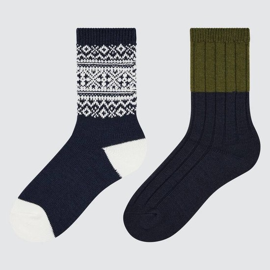 Uniqlo Heattech Fair Isle Print (Two Pairs) Ponozky Detske Námornícka Modrá Biele Zelene | EAZQFG-259