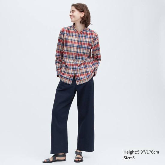 Uniqlo Ines De La Fressange Linen Bavlnene Blend Pintucked Long Sleeved Kosele Damske Modre Červené | BXHKZF-538