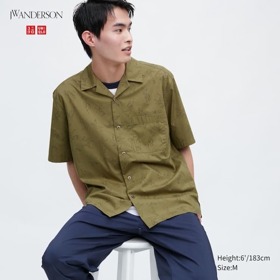 Uniqlo Jw Anderson Bežná Printed Kratke Sleeved (Open Collar) Kosele Panske Olivovo Zelená | XDETVK-493