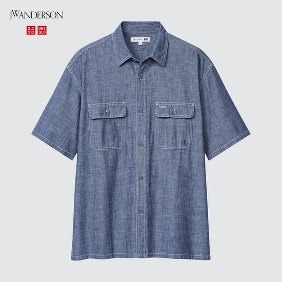Uniqlo Jw Anderson Chambray Oversized Kratke Sleeved Kosele Panske Modre | ICHVNU-952