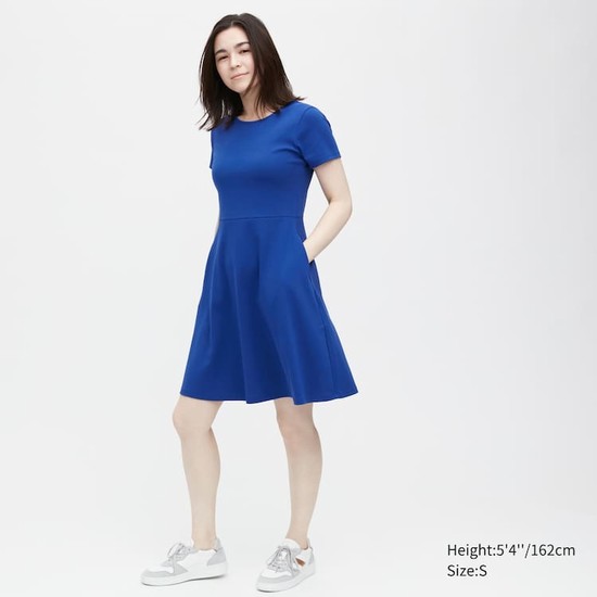 Uniqlo Kratke Sleeved Flared Saty Damske Modre | USNLHO-739