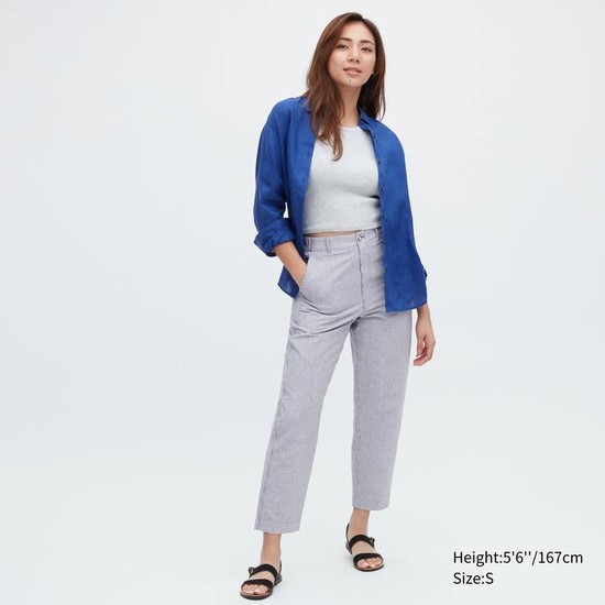 Uniqlo Linen Bavlnene Blend Pruhované Tapered Nohavice Damske Modre | PBEHFQ-764