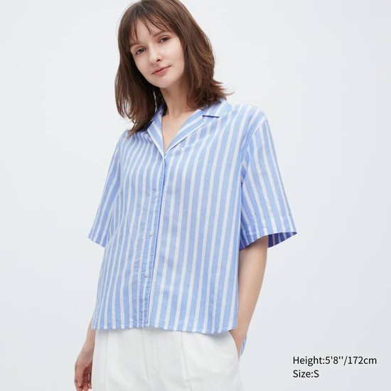 Uniqlo Linen Blend Kratke Sleeve Kosele Damske Svetlo Modre | STHFPM-869