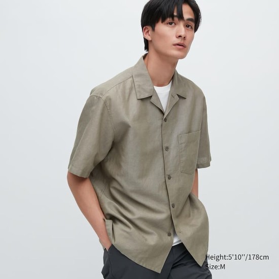 Uniqlo Linen Blend Kratke Sleeved (Open Collar) Kosele Panske Olivovo Zelená | EIKMZP-719