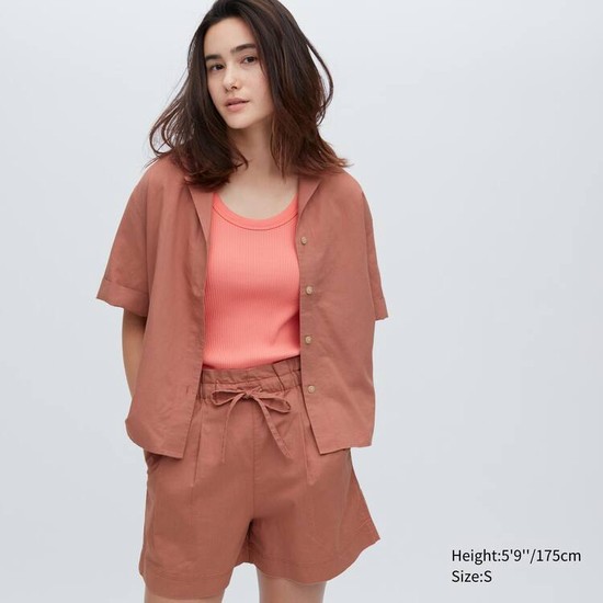 Uniqlo Linen Blend Open Collar Kratke Sleeved Kosele Damske Hnede | CYDOVS-751