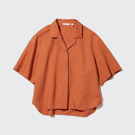 Uniqlo Linen Blend Open Collar Kratke Sleeved Kosele Damske Oranžové | NIAOKU-173