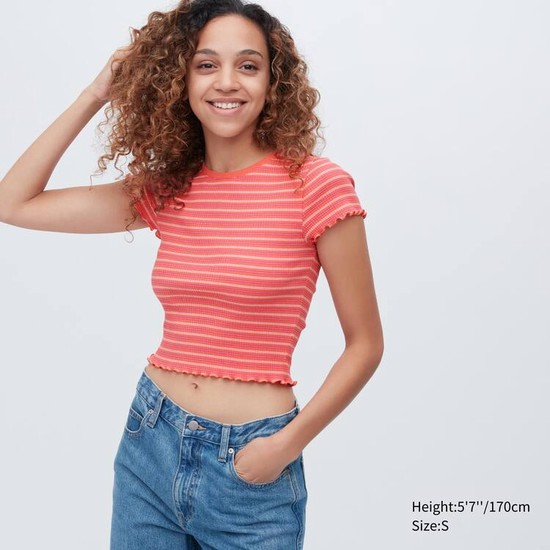 Uniqlo Rebrovaný Pruhované Frill Kratke Sleeved Tricko Damske Oranžové | ISUBTA-509