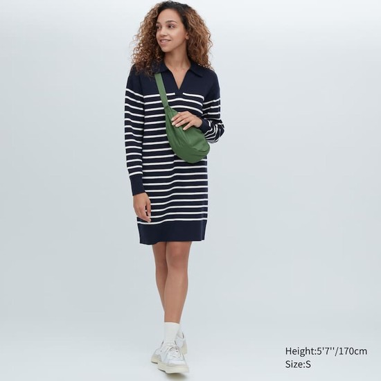 Uniqlo Smooth Bavlnene Knit Pruhované Long Sleeved Pleteniny Damske Námornícka Modrá | QHKNUJ-320