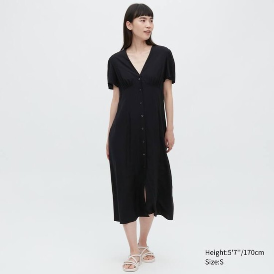 Uniqlo V Neck Kratke Sleeved Flared Saty Damske Čierne | RHSFGI-081