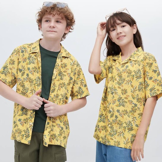 Uniqlo Viscose Printed Open Collar Kratke Sleeved Kosele Detske Žlté | REMJAC-879