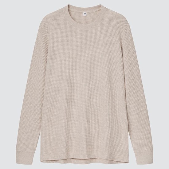 Uniqlo Waffle Crew Neck Long Sleeved (2021 Season) Tricko Panske Béžové | KYZGAM-583