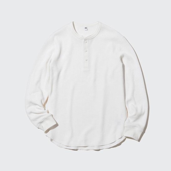 Uniqlo Waffle Henley Neck Long Sleeved Tricko Panske Biele | JZNSKE-835