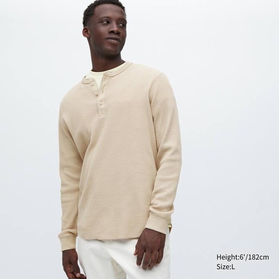 Uniqlo Waffle Henley Neck Long Sleeved Tricko Panske Béžové | NVDZRL-319